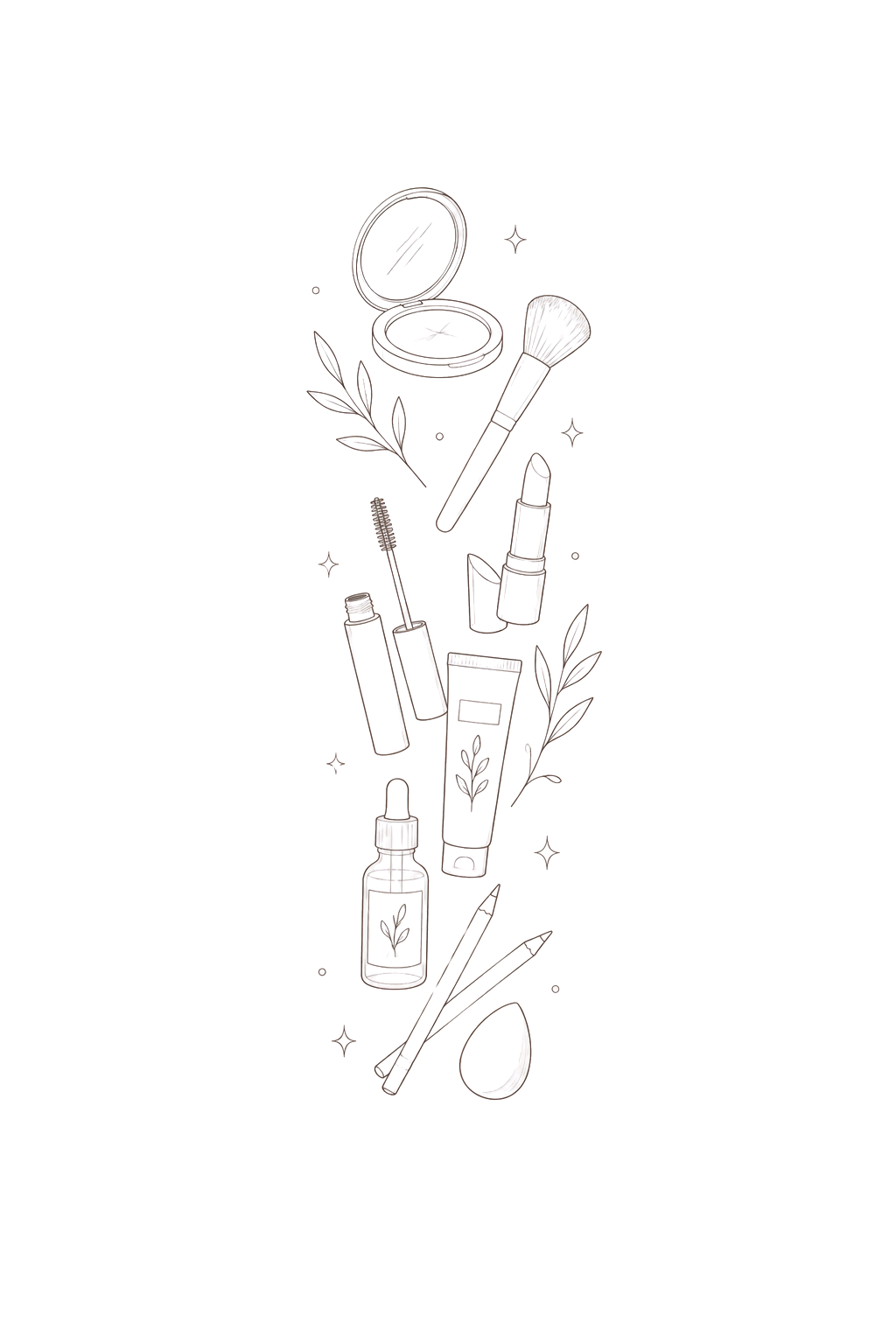 Illustration of various makeup and skincare products, including mascara, lipstick, foundation, brushes, and a dropper bottle, with decorative leaves and sparkles on a black background.