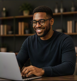 Young man with glasses smiling while working on a laptop in a modern office or study setting.