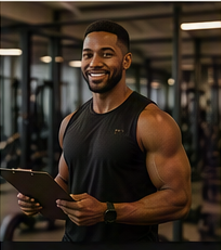 Smiling man with muscular build holding a tablet in a gym.