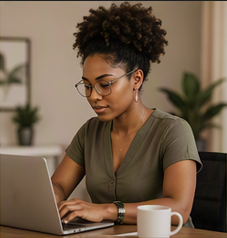 Woman with glasses working on a laptop at a desk in a home office