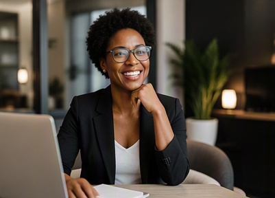Professional woman smiling and sitting at her desk in an office