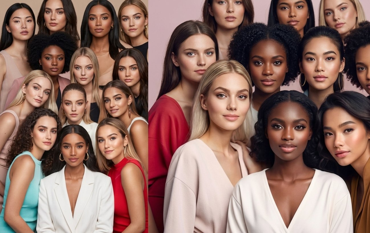 Group of diverse women posing together against pink and beige backgrounds.