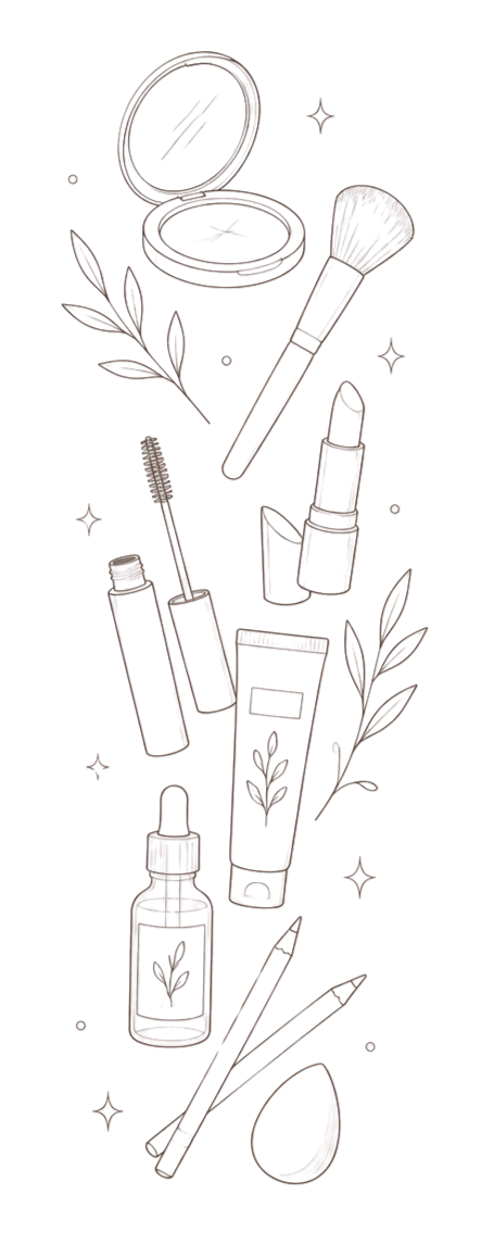 Illustration of various skincare and makeup products including a compact mirror, makeup brushes, lipstick, mascara, a dropper bottle, and a makeup sponge, with decorative leaves and stars on a black background.