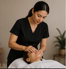 A woman in black scrubs giving a facial massage to a woman lying on a massage table