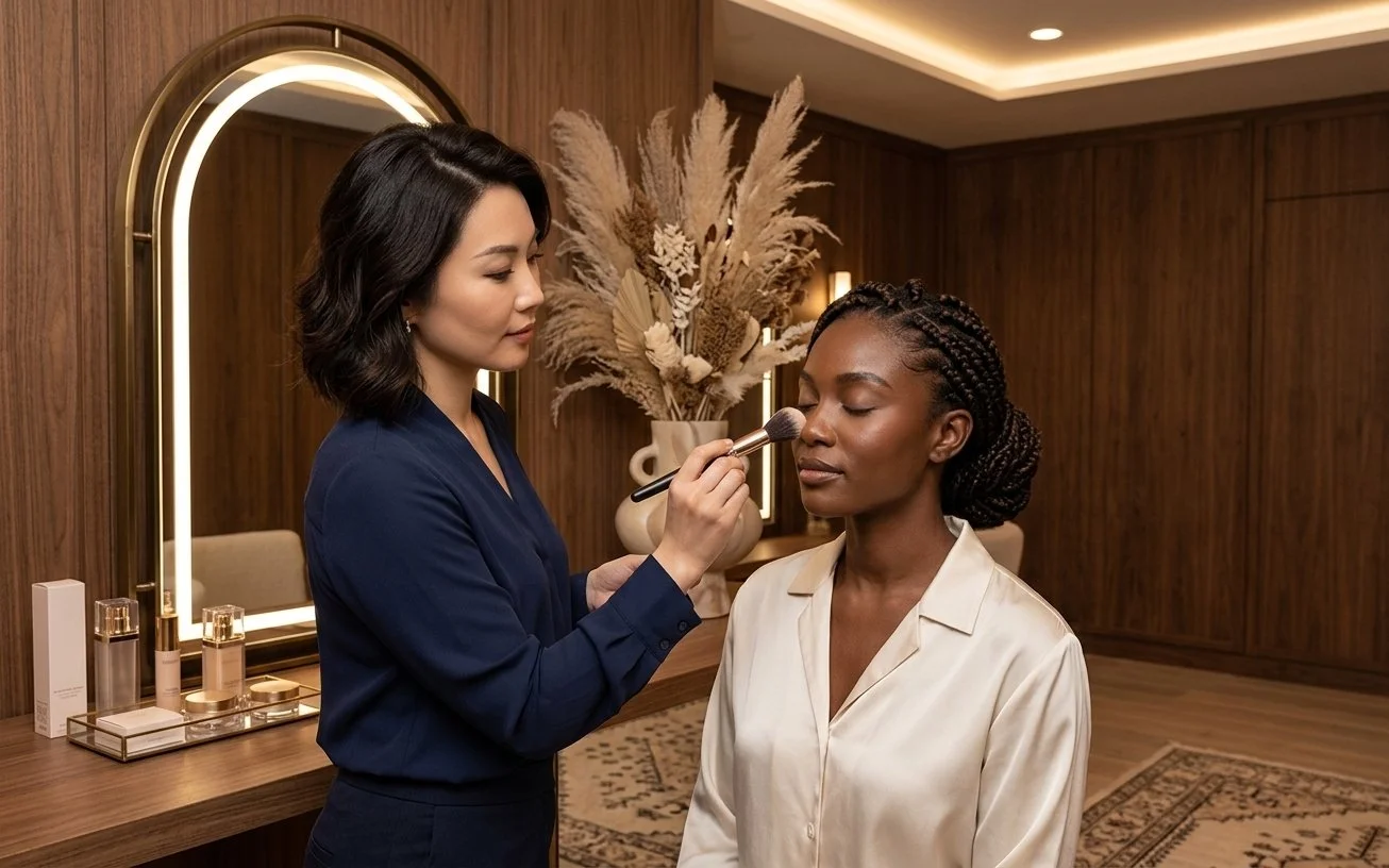 A makeup artist applying makeup to a woman in a cream-colored silk blouse in a warmly lit room with wooden walls, a large mirror, and a vase of dried flowers.