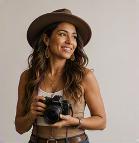 Woman with long wavy hair wearing a hat, holding a camera, smiling against a plain background.