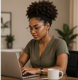 Woman with curly hair and glasses working on a laptop in a home office.