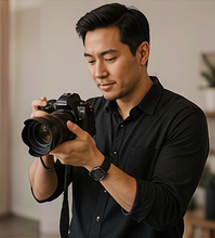 Man in black shirt holding a camera in indoors
