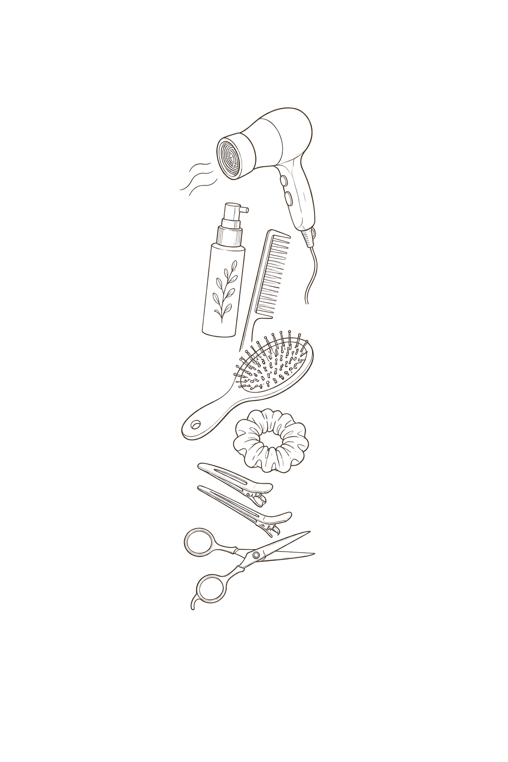 Outline drawing of various hair styling tools and products, including a hairdryer, spray bottle, comb, hairbrush, scrunchie, hair clips, scissors, and a pair of tweezers, arranged vertically.