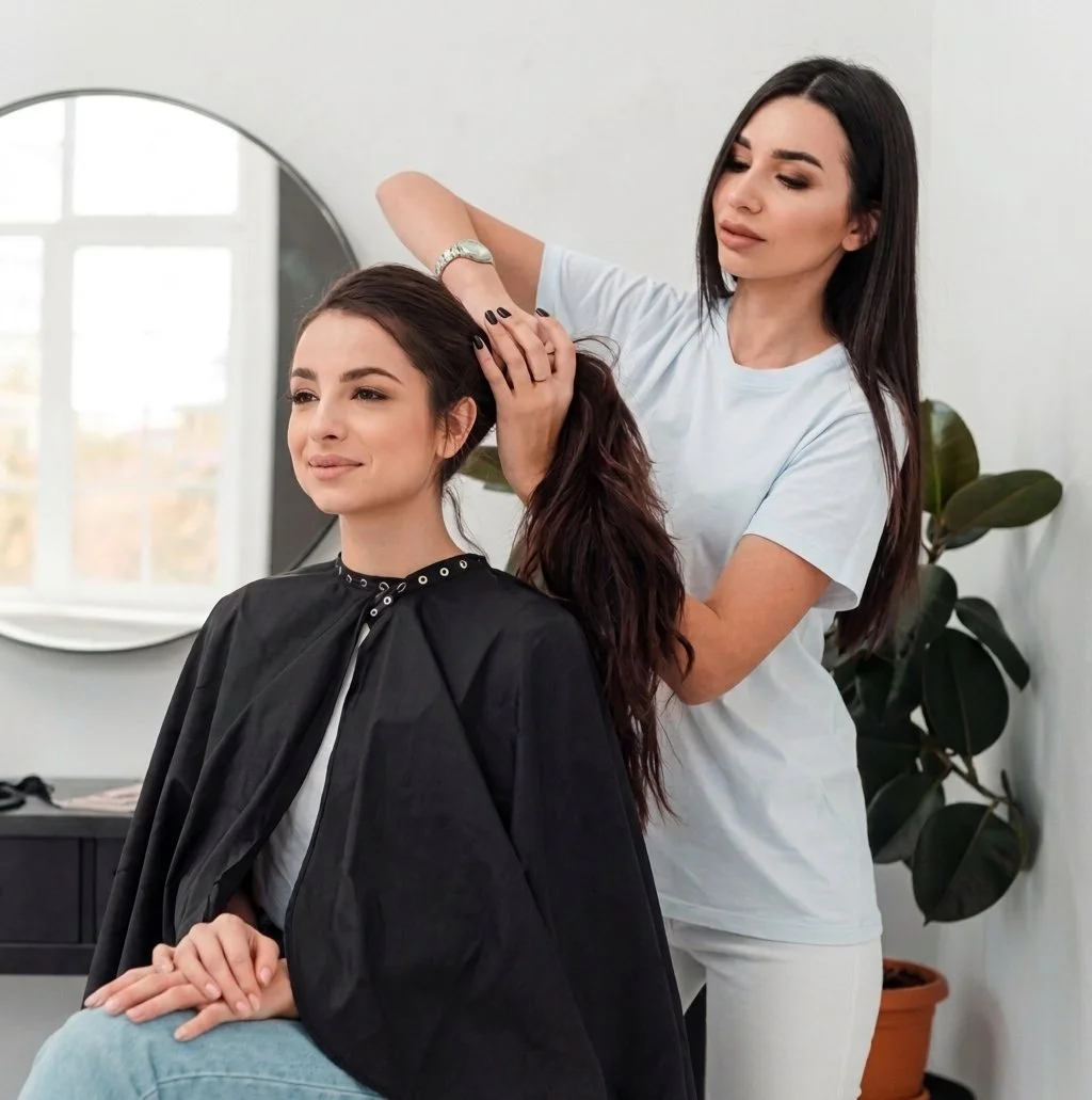 A woman with long, wavy brown hair sits in a salon chair, smiling slightly, while a hairstylist in a white shirt styles her hair. The salon has a white wall, a large mirror, and a plant in the background.