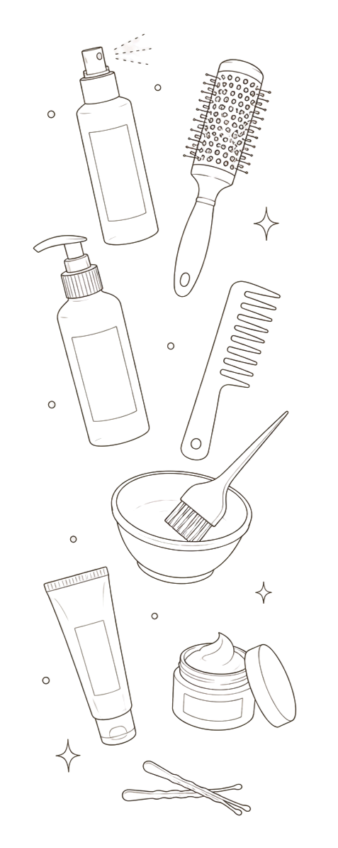 Illustration of various hair care products and tools, including bottles, a hairbrush, a bowl, a hair gel jar, scissors, and a comb, set against a black background.