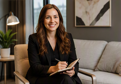 A smiling woman with long brown hair, wearing a black blazer, sitting on a beige chair in a modern living room, holding a notepad and pen.
