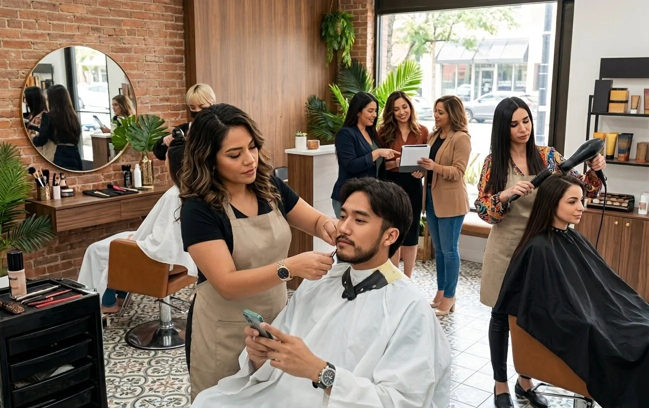 Men getting haircuts at a barbershop or salon, with staff and customers in the background, some with digital tablets and others with styling tools.