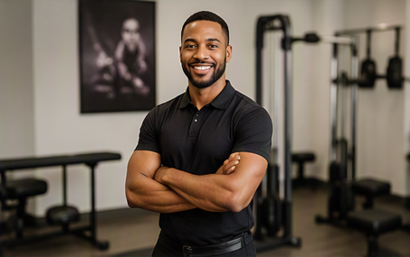 A smiling man with a beard in a black polo shirt standing with arms crossed in a gym.
