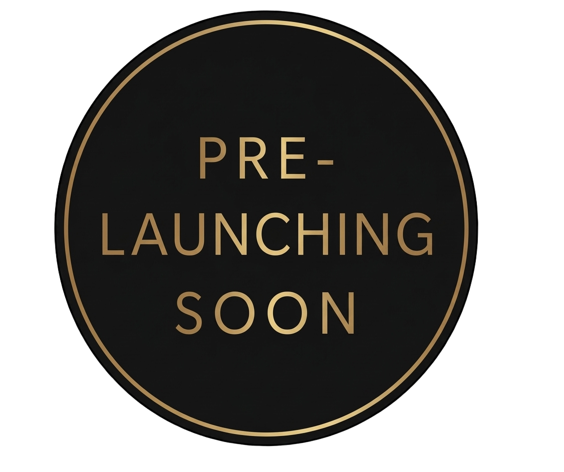 A circular logo with gold borders and text on a black background that reads 'Pre-Launching Soon'.