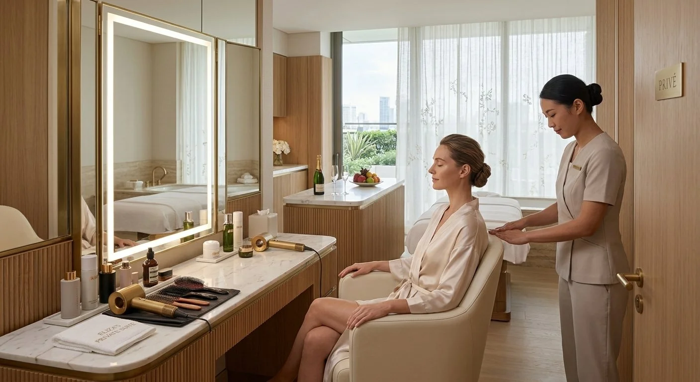 A woman in a satin robe is sitting in a salon chair as a stylist, dressed in a beige uniform, is attending to her at a wooden vanity desk with various beauty products and a large mirror. In the background, there is a window with curtains, a table with a bottle of champagne, glasses, and a bowl of fruit.