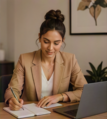 Woman sitting at a desk, writing in a notebook with a laptop nearby, in a well-lit room with plant and artwork on the wall.