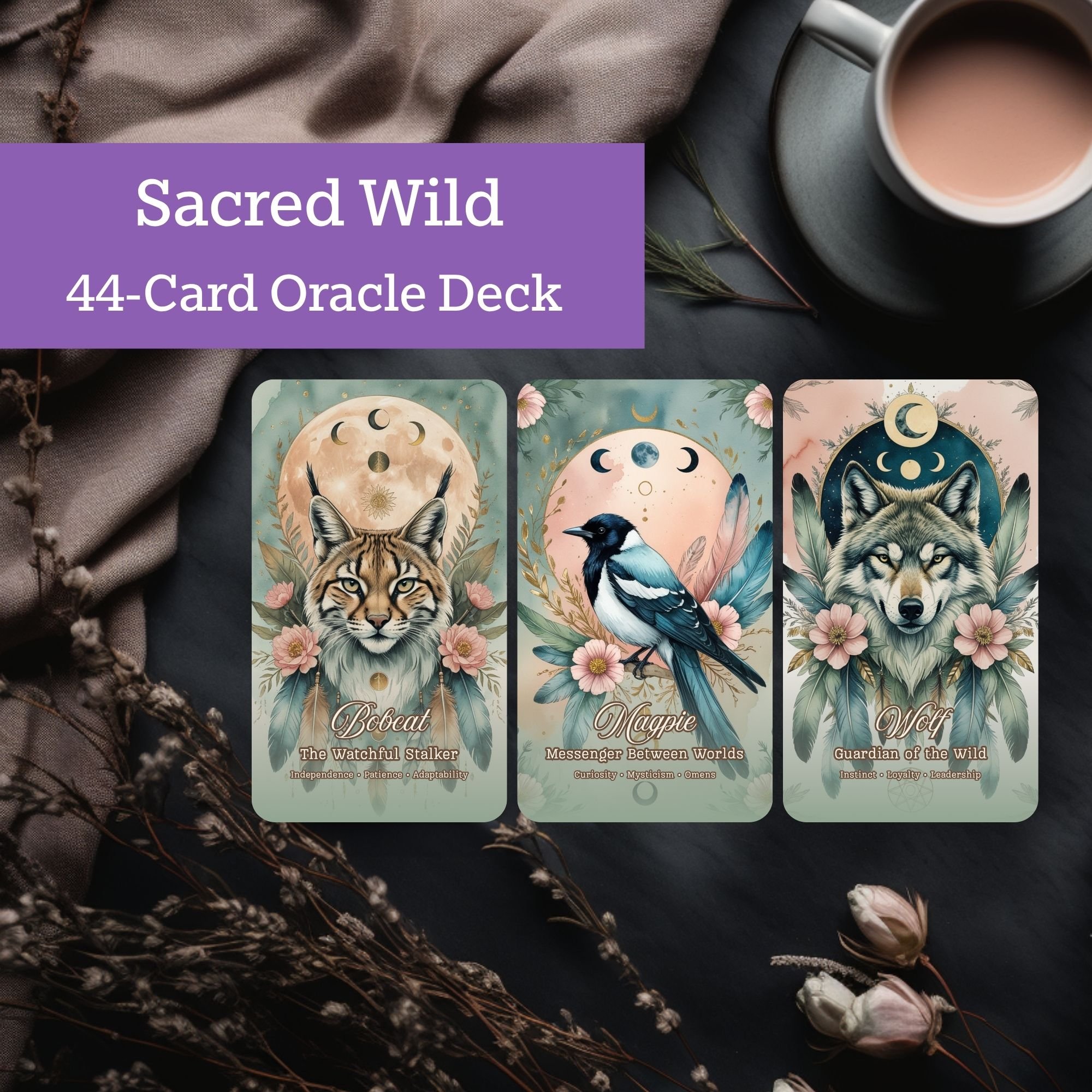 A collection of three oracle cards titled 'The Watchful Stalker,' 'Messenger Between Worlds,' and 'Guardian of the Wild,' featuring illustrated animals and celestial symbols, with a cup of tea and dried flowers in the background.