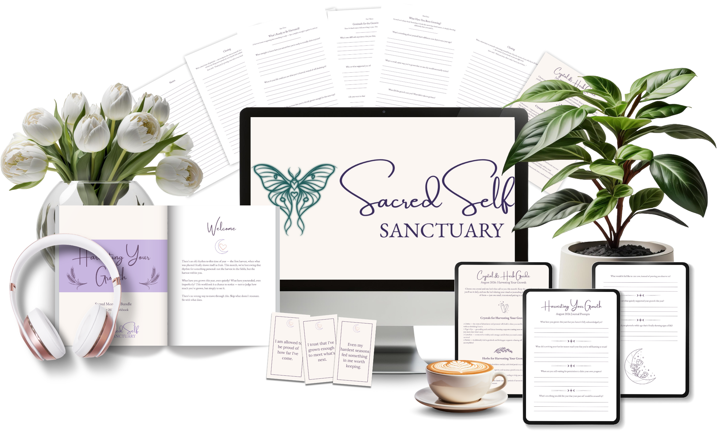Various printed materials, a laptop displaying 'Sacred Self Sanctuary,' white tulips in a vase, a potted plant, a pair of white headphones, and a cup of latte on a black background.