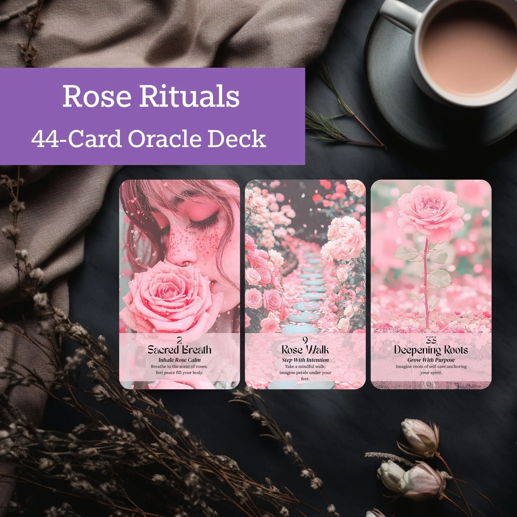 Digital card game interface featuring three spiritual practice cards titled 'Sacred Breath,' 'Rose Walk,' and 'Deepening Roots' with floral and textured backgrounds.