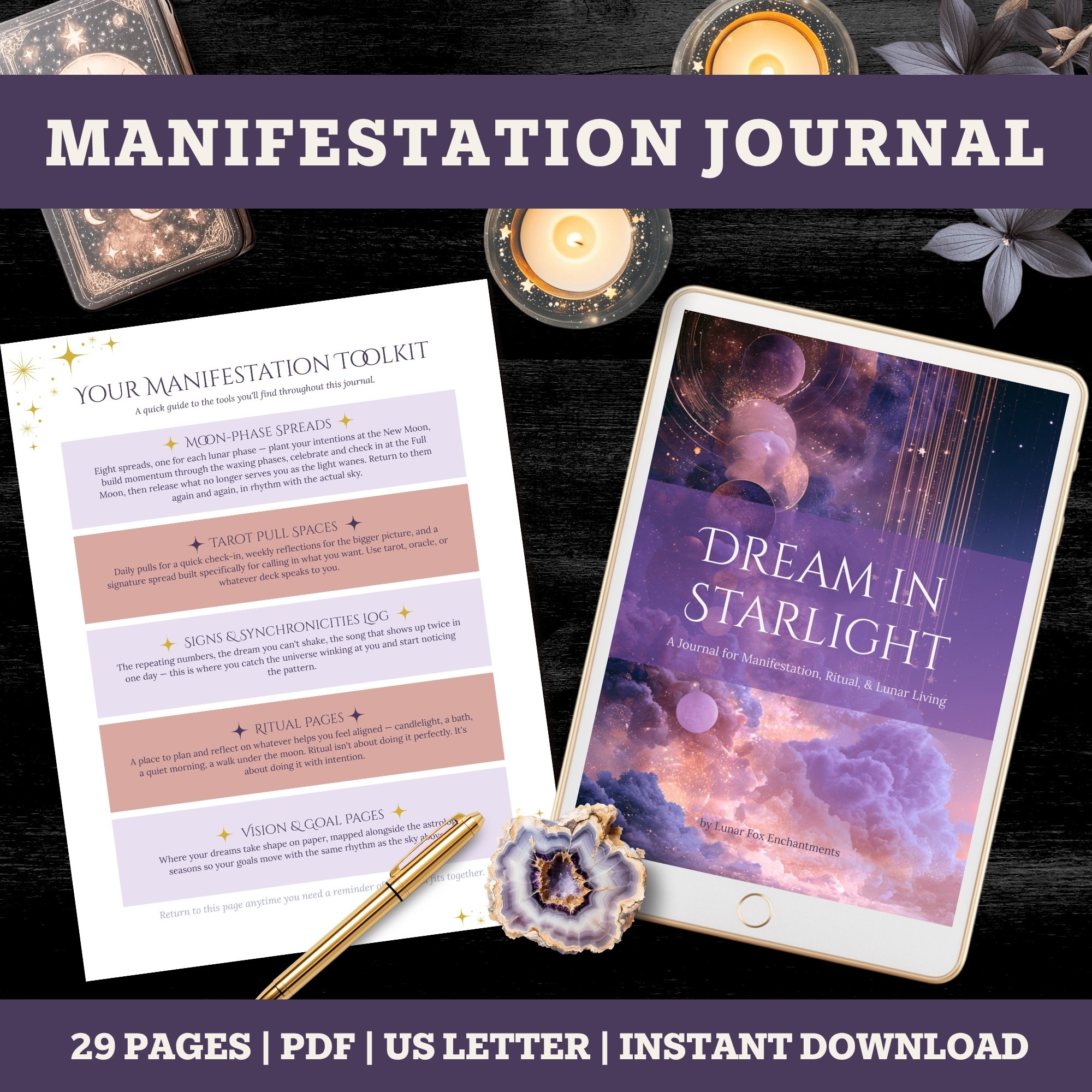 Image of a manifestation journal with tarot cards, candles, a gold pen, and purple flowers on a black surface. The journal cover displays a celestial scene with stars and planets. The text indicates it has 29 pages, available in PDF and US letter size for instant download.
