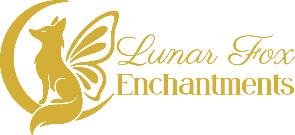 Logo for Lunar Fox Enchantments featuring a gold fox with butterfly wings sitting beside a crescent moon.