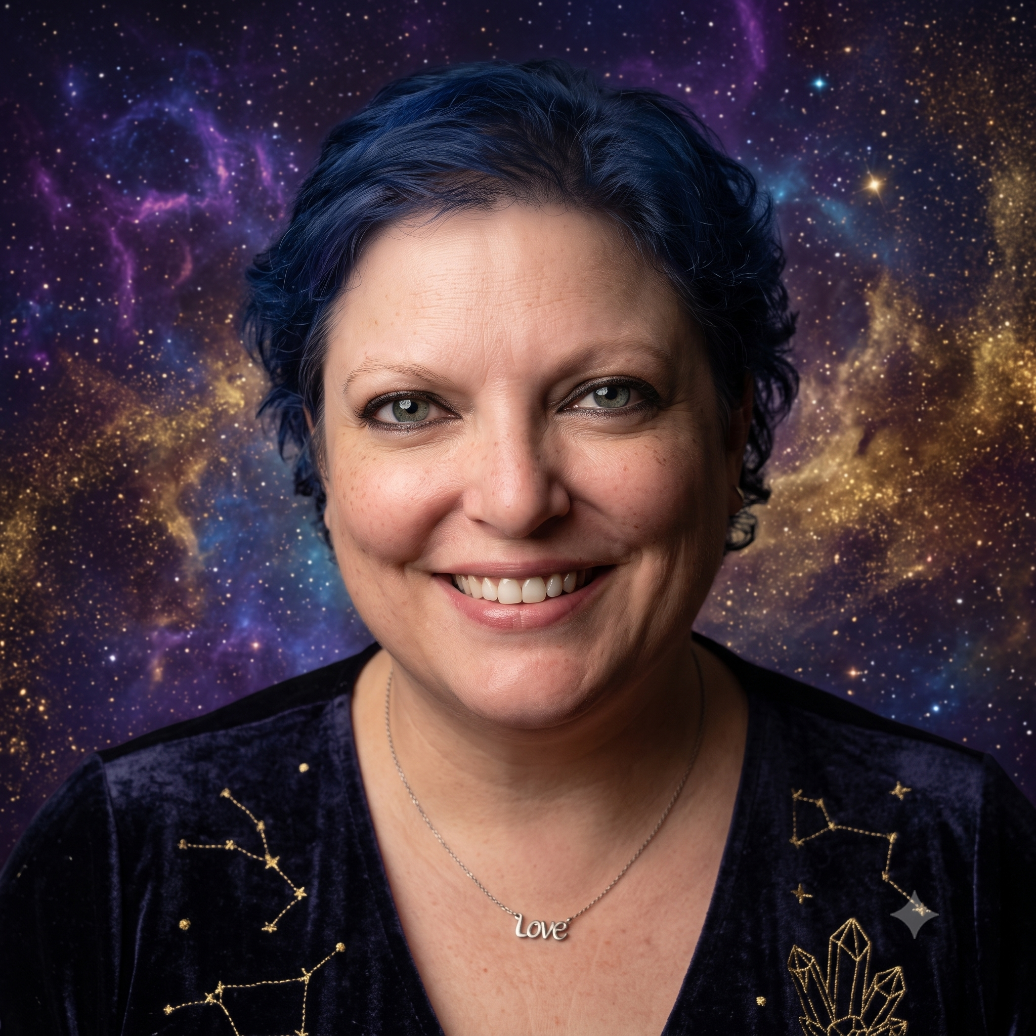 Close-up of a smiling woman with short dark hair and blue eyes, wearing a necklace with the word 'Love' and a velvet jacket with gold constellation embroidery, against a background of a starry galaxy.