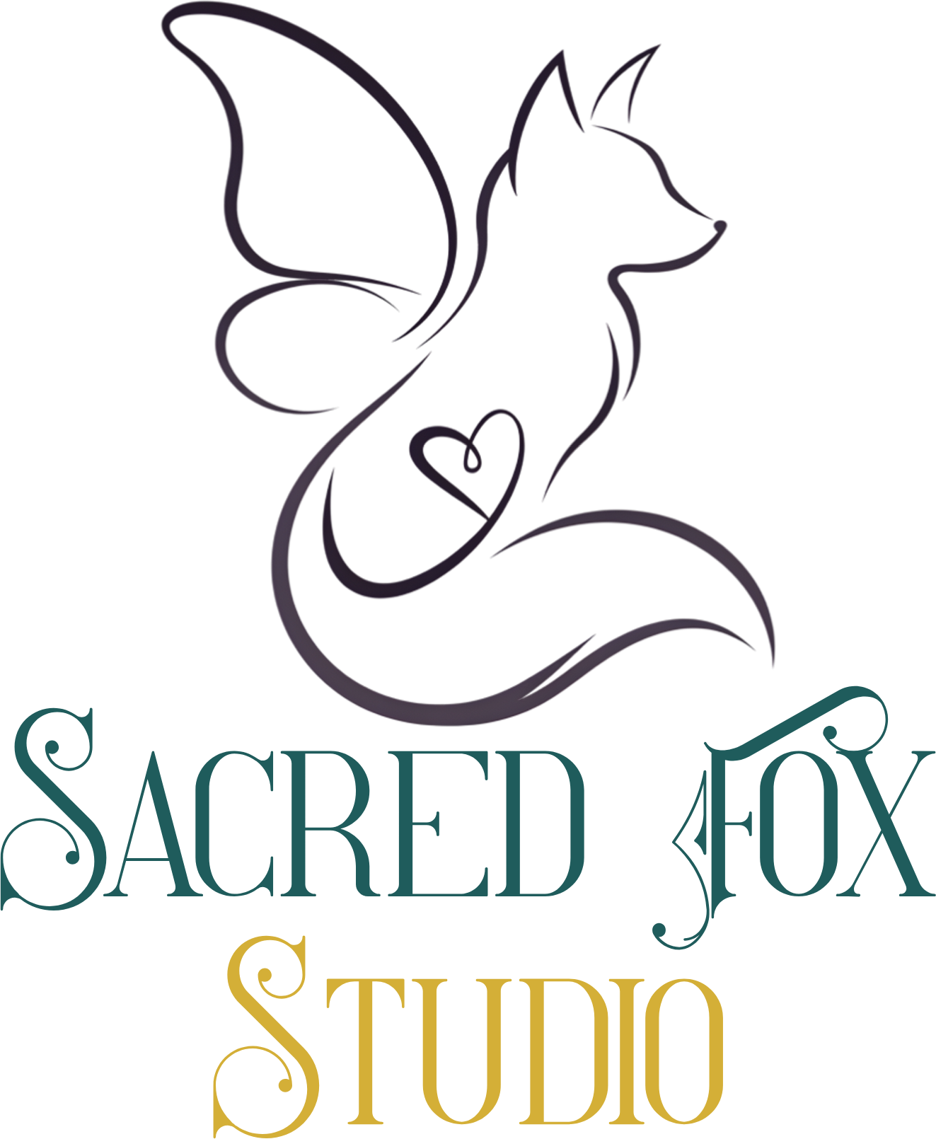 A stylized line drawing of a fox with fairy wings and a heart on its chest, set against a black background. The bottom features colorful, block-style text.