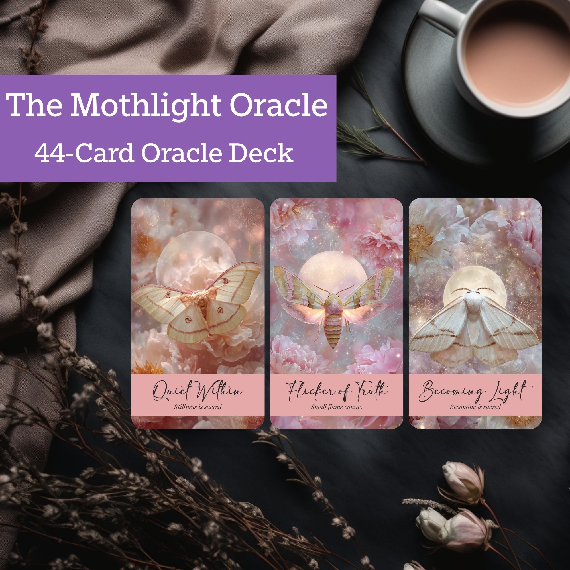 The image shows three oracle cards with the titles 'Quiet Within,' 'Flicker of Truth,' and 'Becoming Light,' decorated with images of moths and pink flowers, laid out on a dark surface with dried plants and a gray mug, against a background of brown fabric.