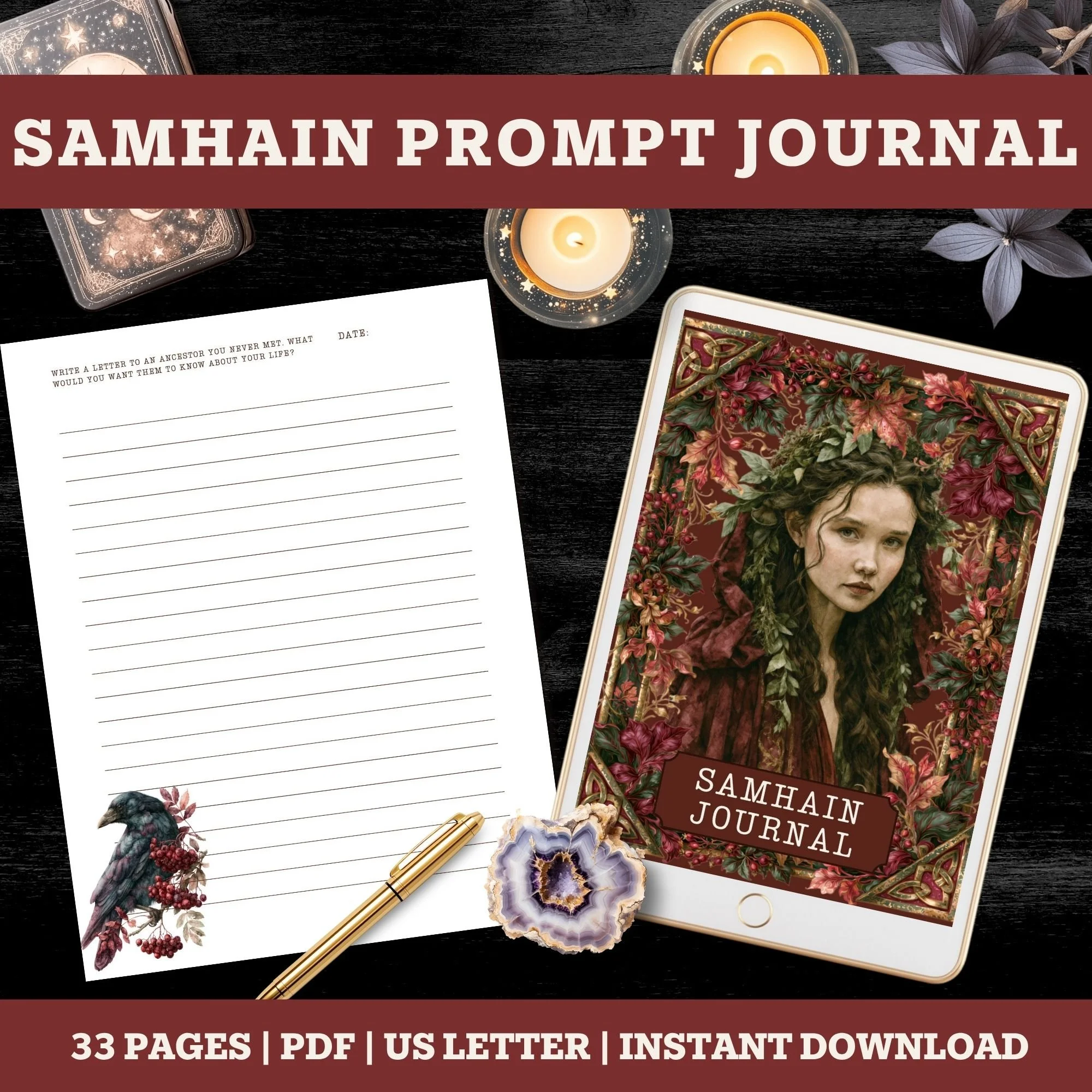 Cover image for the Samhain Prompt Journal featuring a dark wood background with tarot cards, candles, an elegant pen, and decorative stones and flowers. The journal title is prominently displayed in bold white text on a maroon banner across the top, and a footer indicates the journal has 33 pages, in PDF format, suitable for US letter-sized printing, available for instant download.