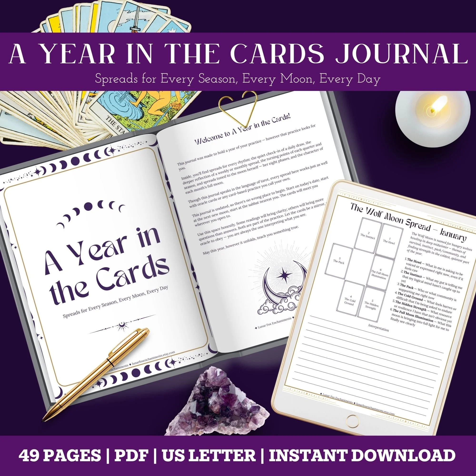 A promotional image for a tarot card journal titled "A Year in the Cards," featuring tarot cards, an open journal, a gold pen, a crystal, and a lit candle on a dark purple background. The text at the bottom indicates it has 49 pages, is available as a PDF and US letter size, and can be downloaded instantly.