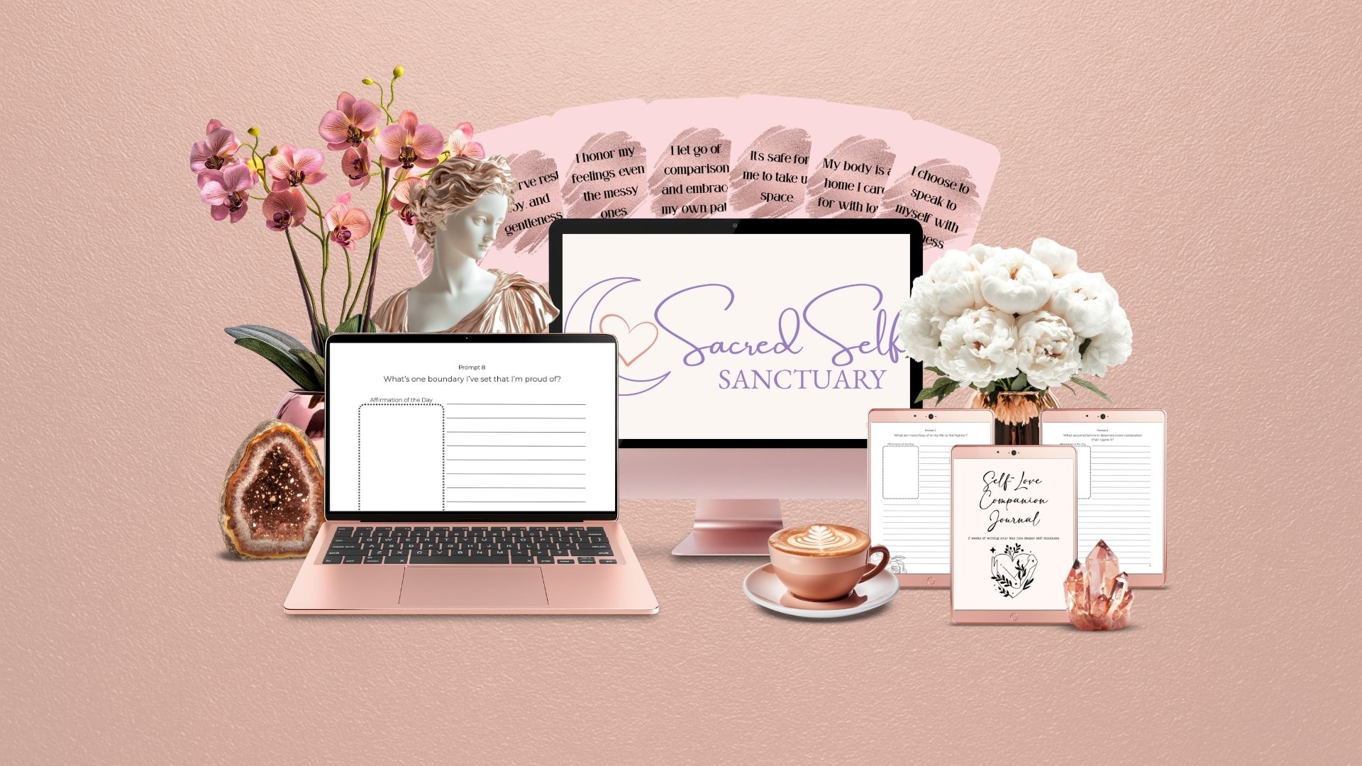 A workspace with pink-themed items including a computer screen displaying 'Sacred Self Sanctuary,' a laptop with a prompt about boundaries, a tablet showing a self-love journal, a smartphone, a cup of coffee with latte art, a large bouquet of white flowers, smaller pink flowers, a geode, and decorative crystals, all set against a soft pink textured background.
