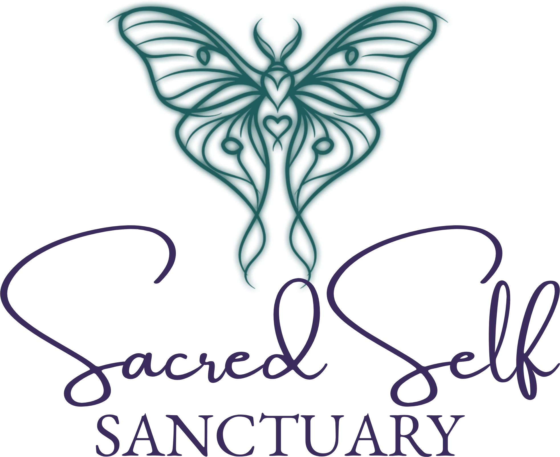 A stylized teal butterfly with symmetrical open wing design, hovering above a purple, geometric flower-like structure.