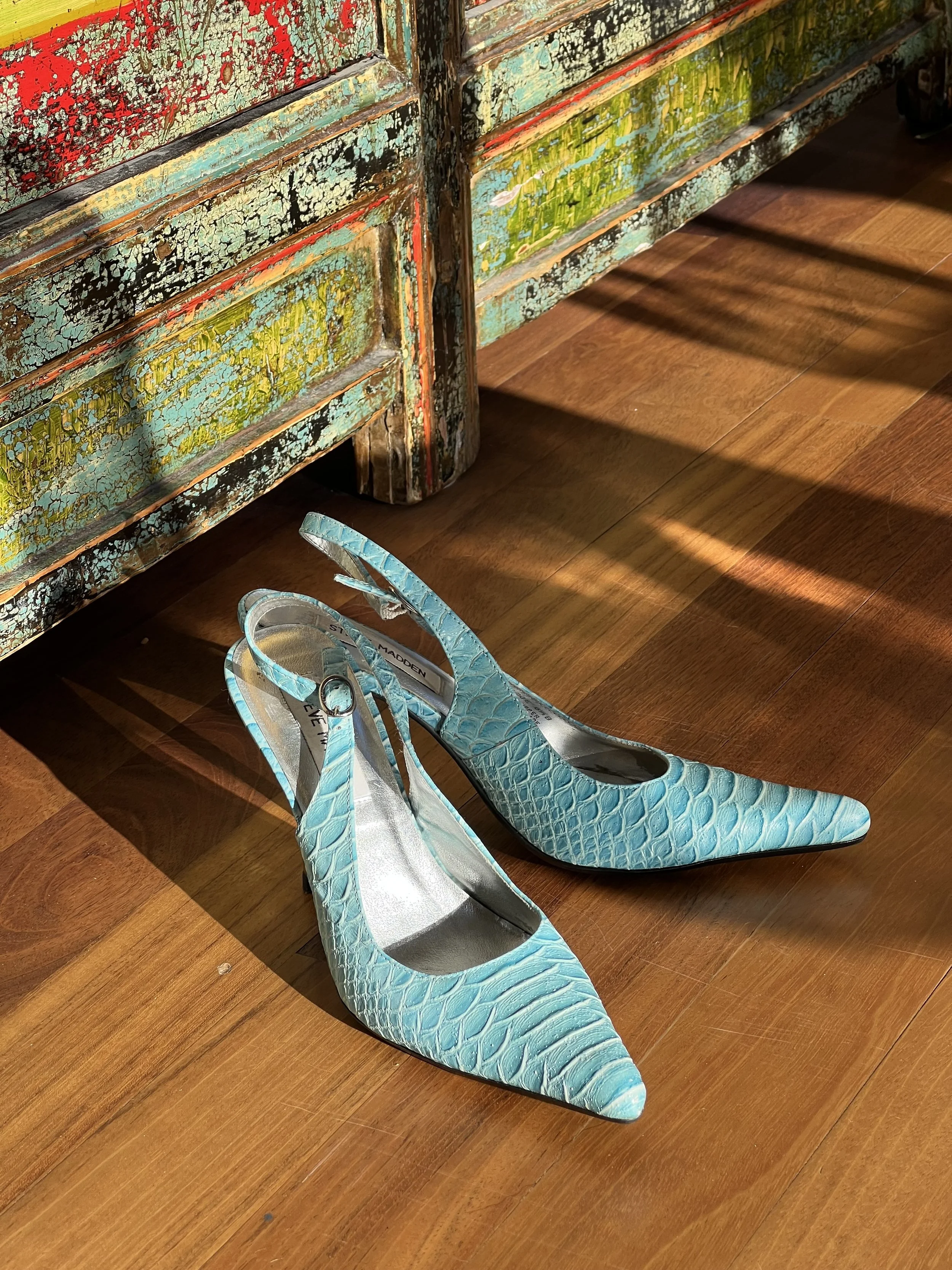 teal snakeskin slingback