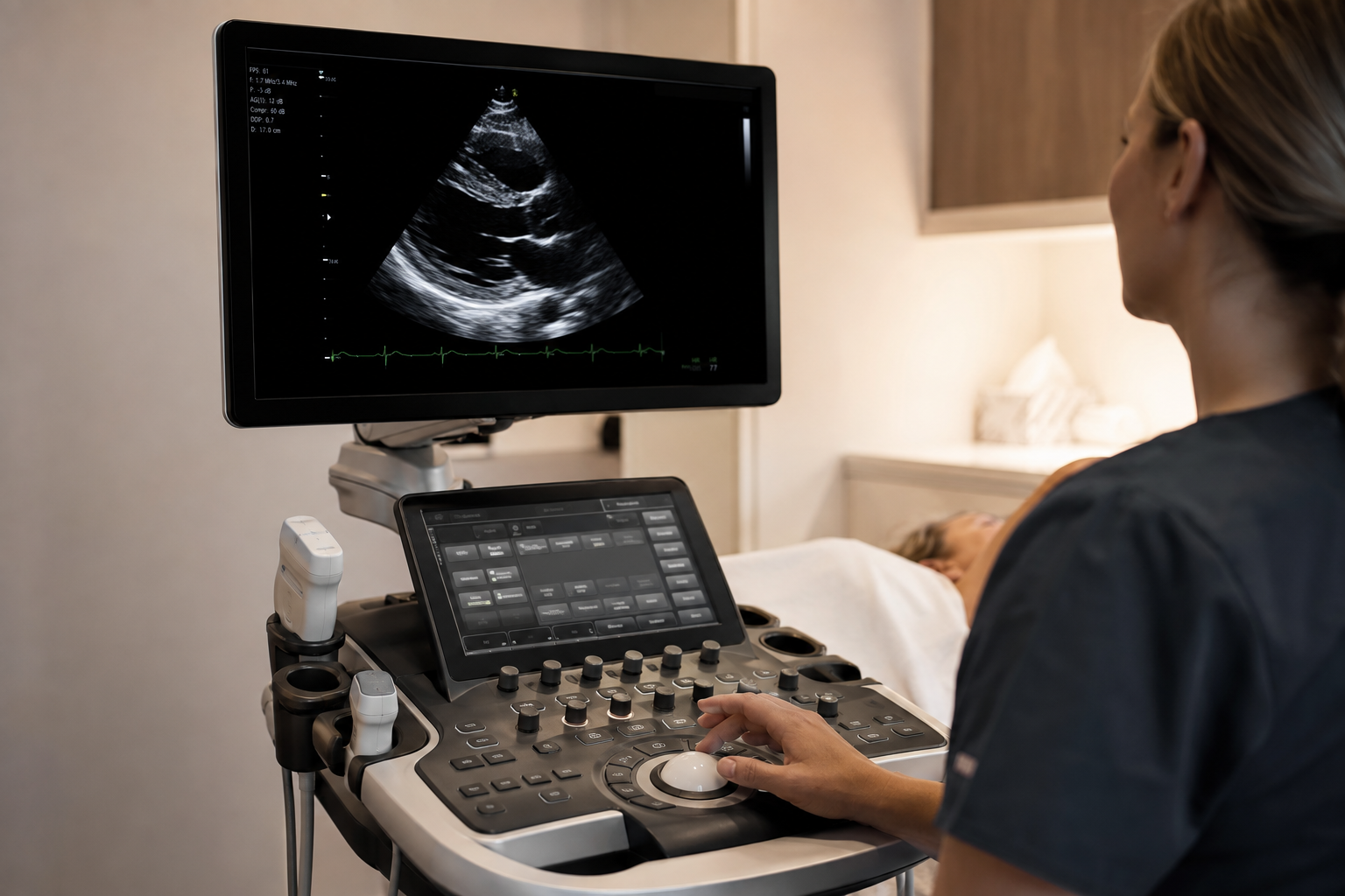 A healthcare professional using an ultrasound machine to perform an echocardiogram.