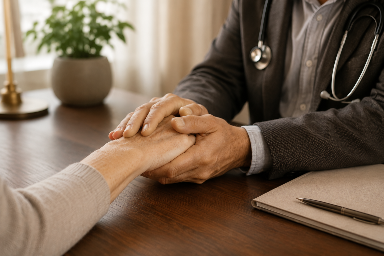 Doctor holding patient's hand in a warm gesture, sitting at a desk with a notepad and pen, in a well-lit room.