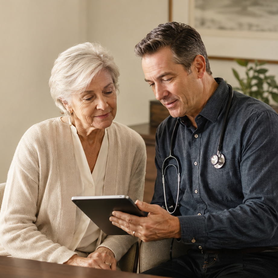 A male doctor showing an elderly woman something on a tablet device during a consultation in a medical office.