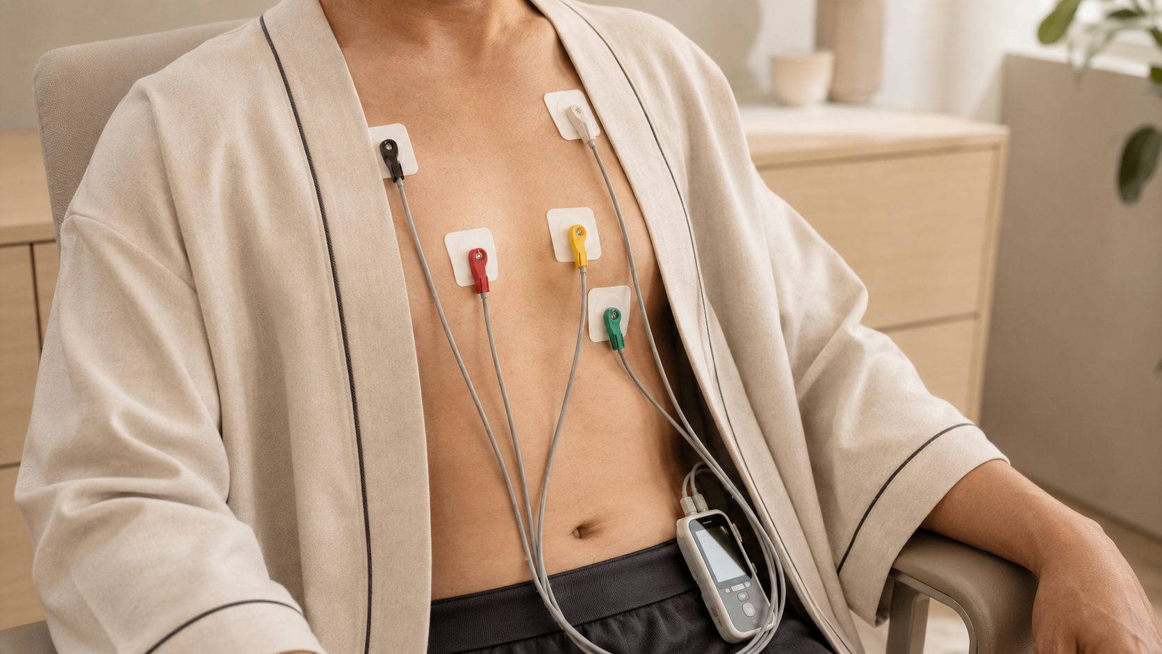 A person undergoing an ECG test with electrodes attached to their chest and a portable ECG device in their lap.