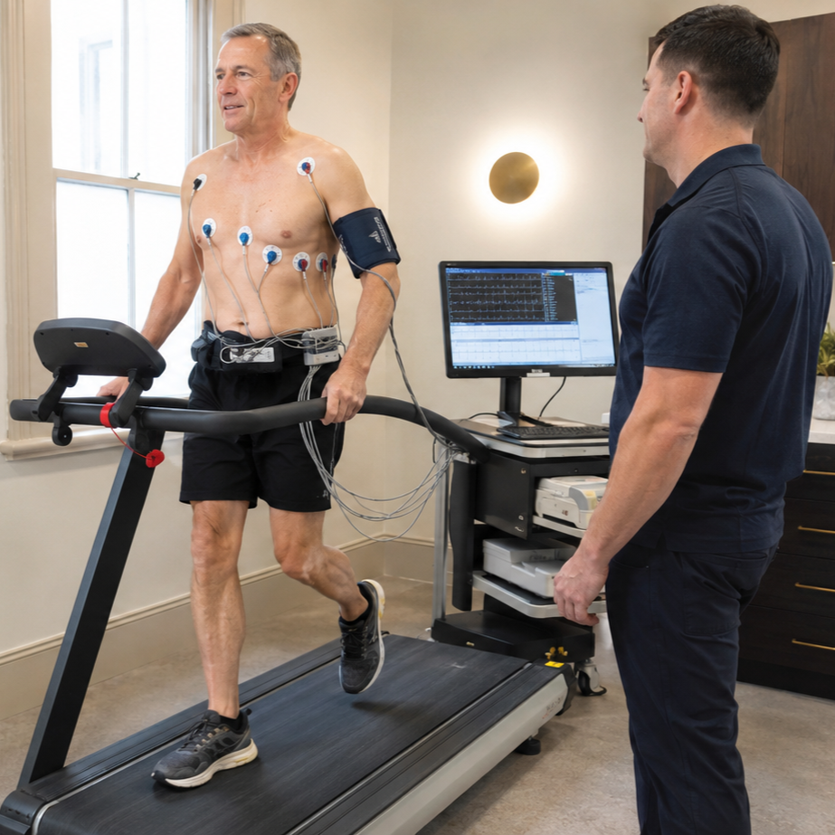 Cardiologist performing a stress test on a patient.