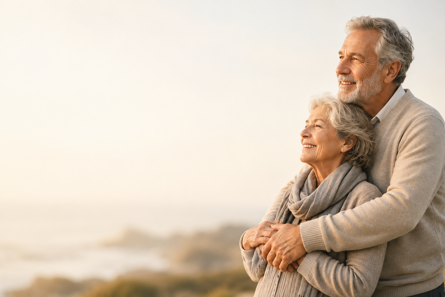 An elderly couple standing outdoors, smiling and embracing each other, with a blurred natural landscape in the background during sunset.