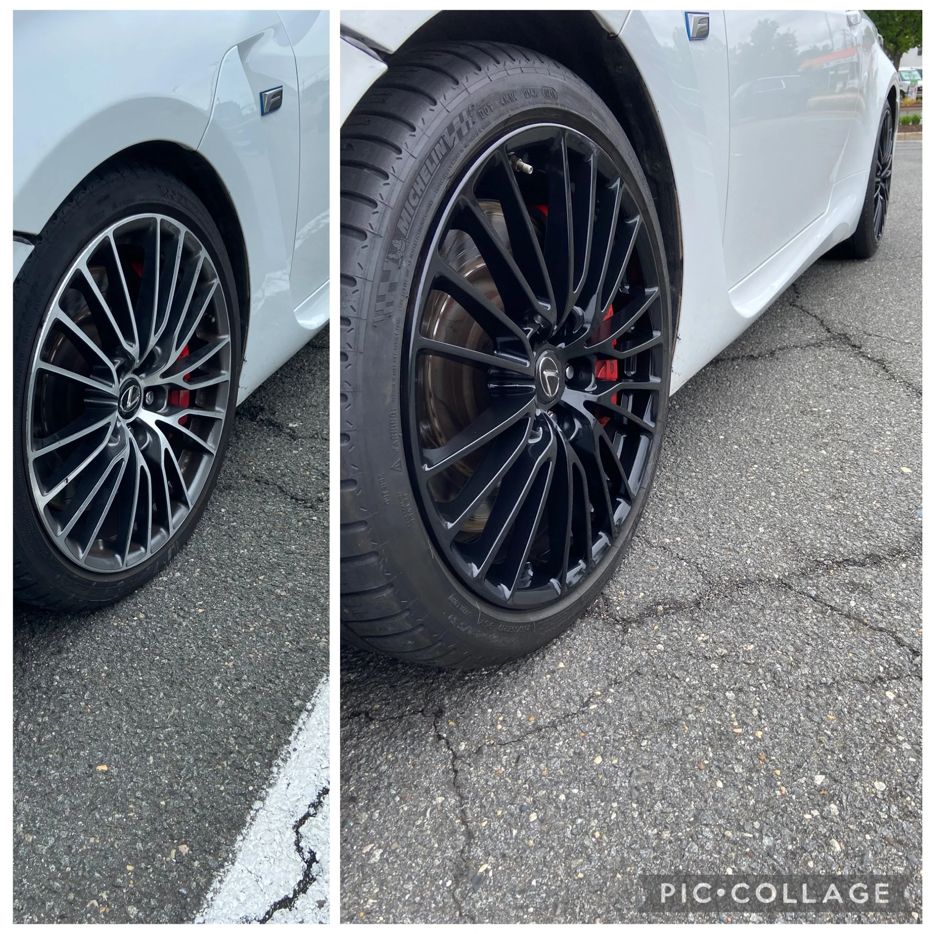 Close-up of a white sports car's front section and black alloy wheels on a gray asphalt parking lot with a painted white line and crack.