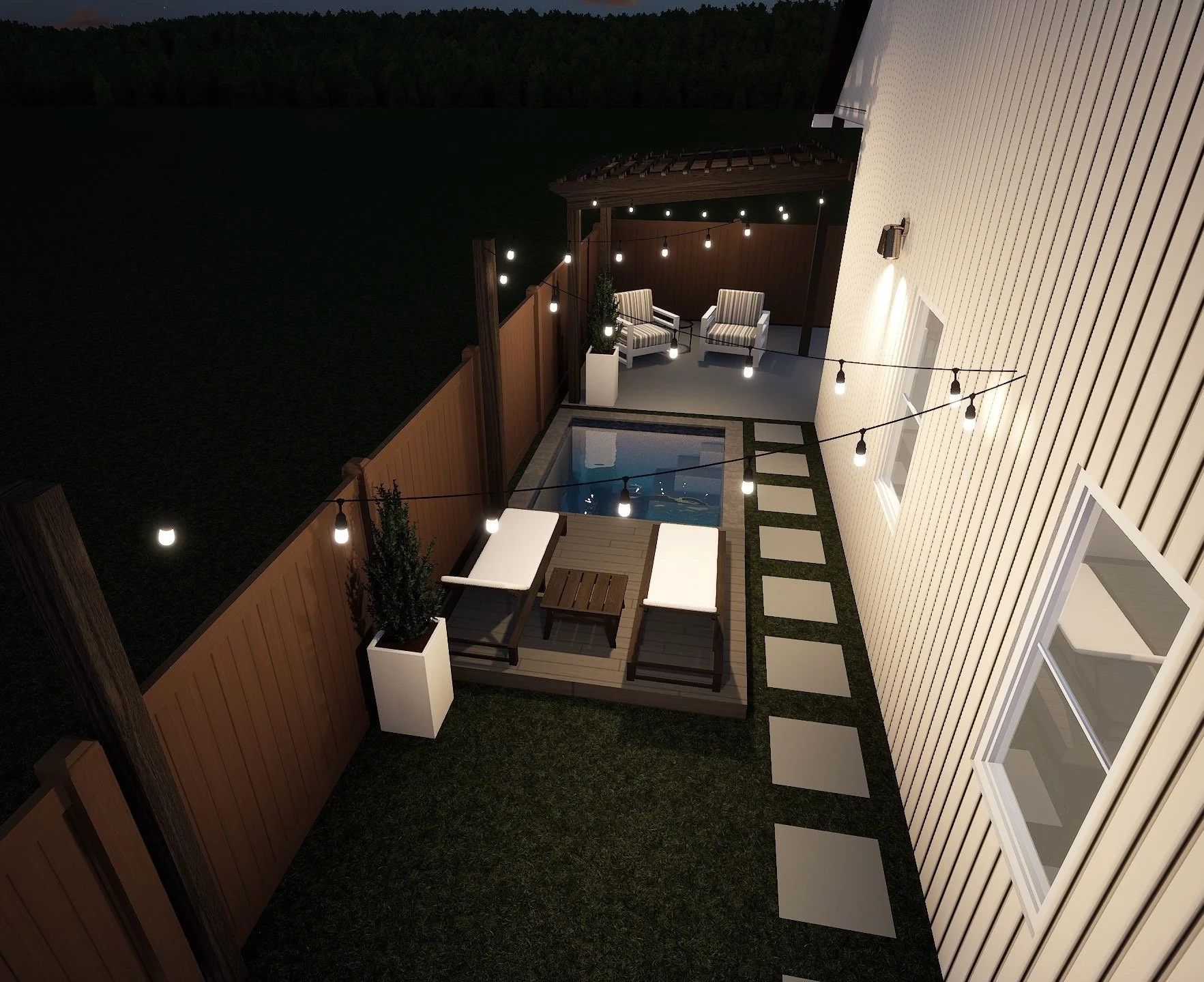 Nighttime outdoor patio area with string lights, seating area with striped chairs, small pool or hot tub, and wooden fence.
