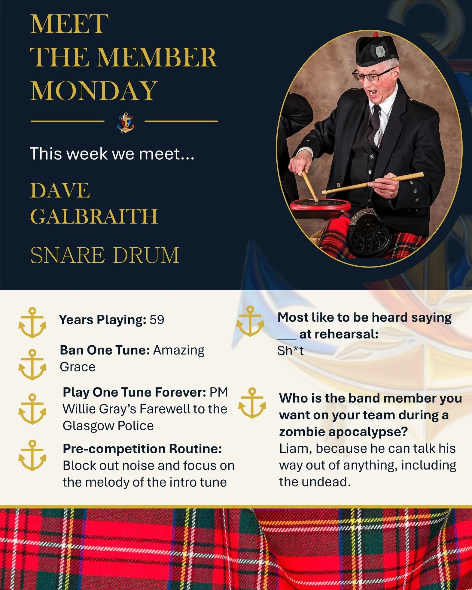 This week, meet the one and only, Dave Galbraith; proud snare drummer, absolute legend, and living proof that after 59 years of playing, you earn the right to say exactly what you&rsquo;re thinking at rehearsal. 😂

Now, here&rsquo;s the real headlin