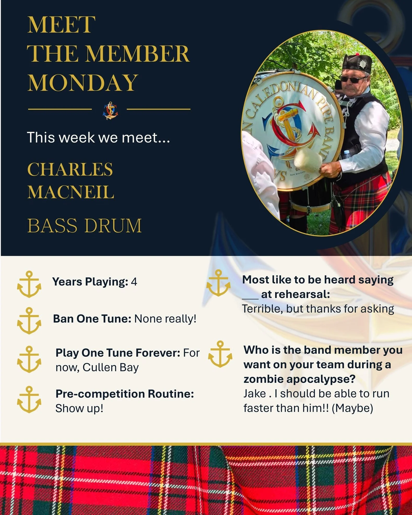 This week, we&rsquo;re turning the spotlight toward the heartbeat of the band&mdash;our bass drummer, Charles MacNeil!

Charles has been playing for four years, and his pre-competition routine is refreshingly simple: show up. No rituals. No superstit