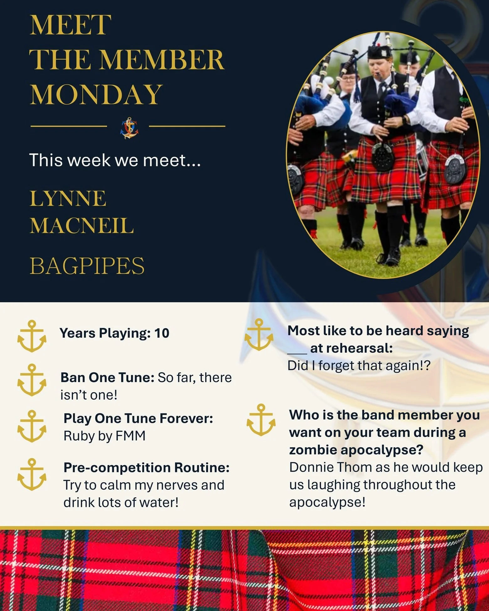 Last week, Charles brought the bass. This week, his better half Lynne brings the pipes! Clearly, a quiet household was never part of the plan. 😉

Lynne has been playing the bagpipes for 10 years, and she&rsquo;s making a bold move in our ongoing tun