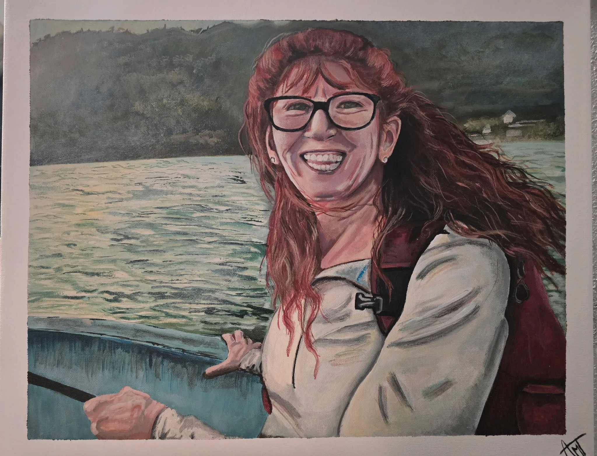 A painting of a woman with long, curly red hair, wearing glasses, smiling with her teeth showing, wearing a white and red jacket, outdoors near water and greenery.