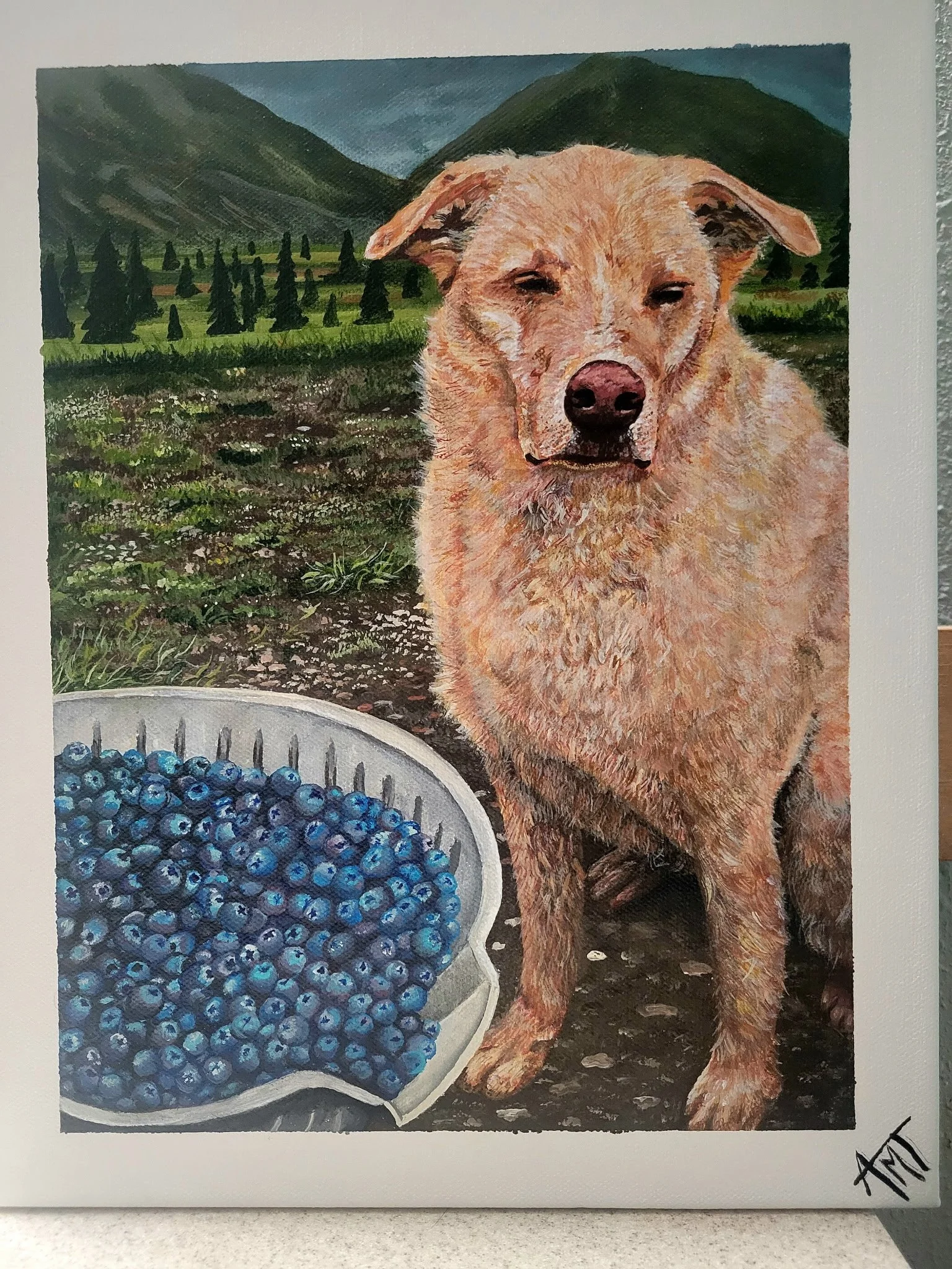 Painting of a tan dog with closed eyes standing outdoors in front of a mountain landscape, next to a bowl of blueberries.