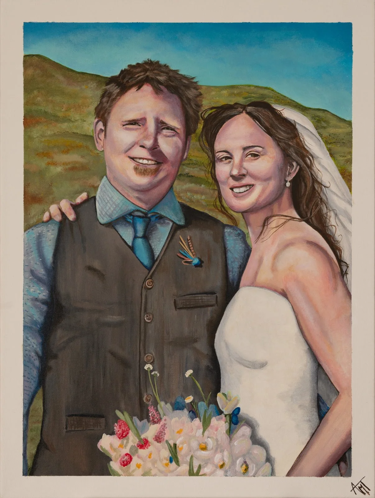 Painted portrait of a smiling man and woman, standing outdoors with green hills and blue sky in the background. The man has short brown hair, wearing a brown vest with a flower pin, a blue shirt, and a blue tie. The woman has long brown hair, wearing