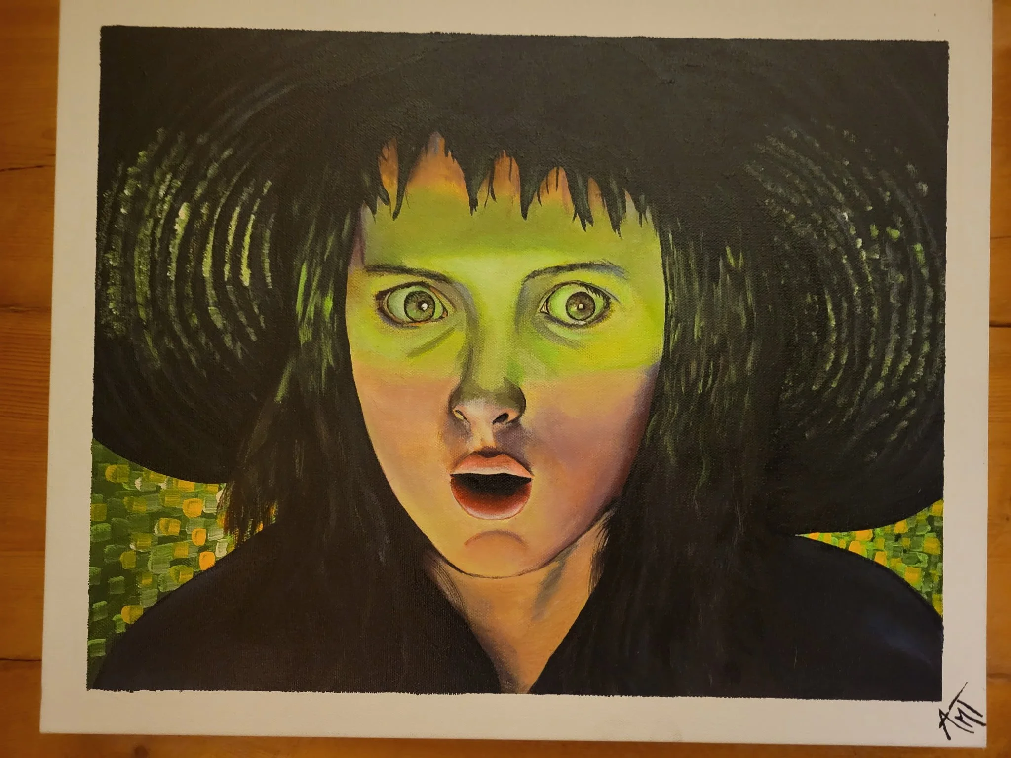 A colorful portrait of a woman with wide eyes, dark hair, and an open mouth, painted with vivid colors and bold brushstrokes.