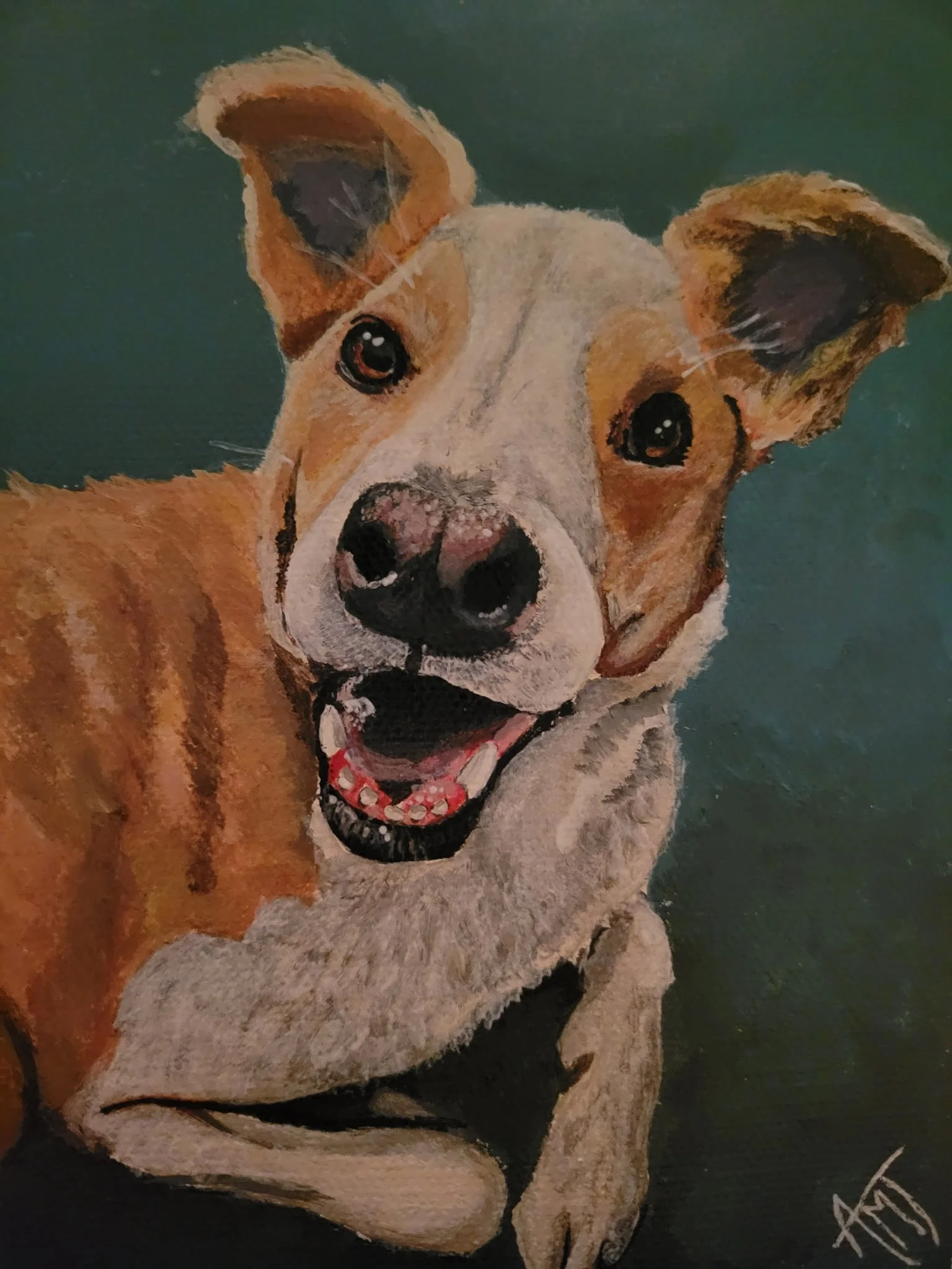 A painting of a dog with a brown and white coat, large expressive eyes, and big ears, against a dark background.